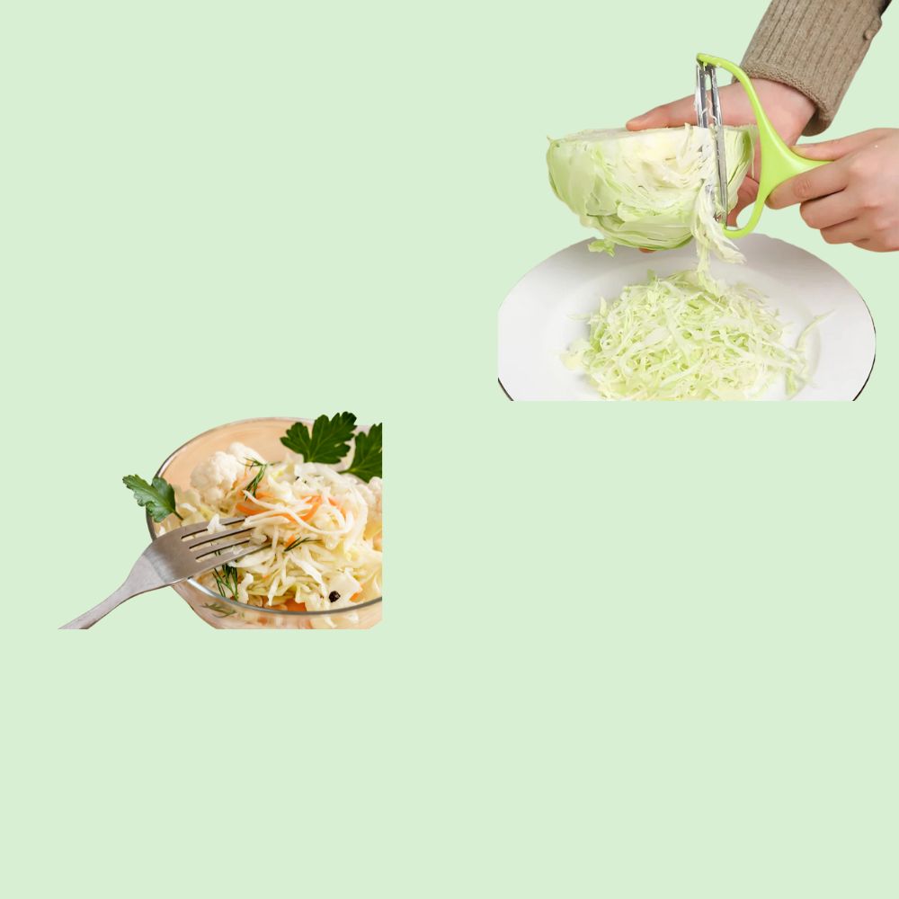 Éplucheur en acier inoxydable en train de râper du chou blanc, avec une salade de chou blanc à côté.