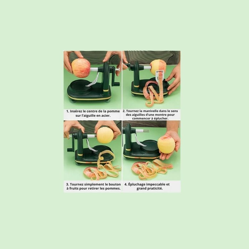 Éplucheur manuel multifonction montrant les 4 étapes d’utilisation pour éplucher facilement pommes, poires et légumes