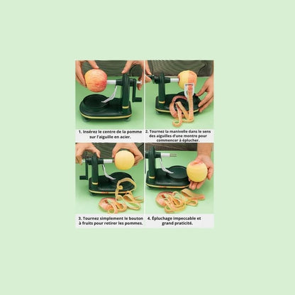 Éplucheur manuel multifonction montrant les 4 étapes d’utilisation pour éplucher facilement pommes, poires et légumes