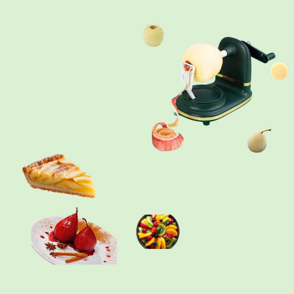 Éplucheur manuel multifonction en action avec pomme, poire, salade de fruits et tarte aux pommes joliment presente