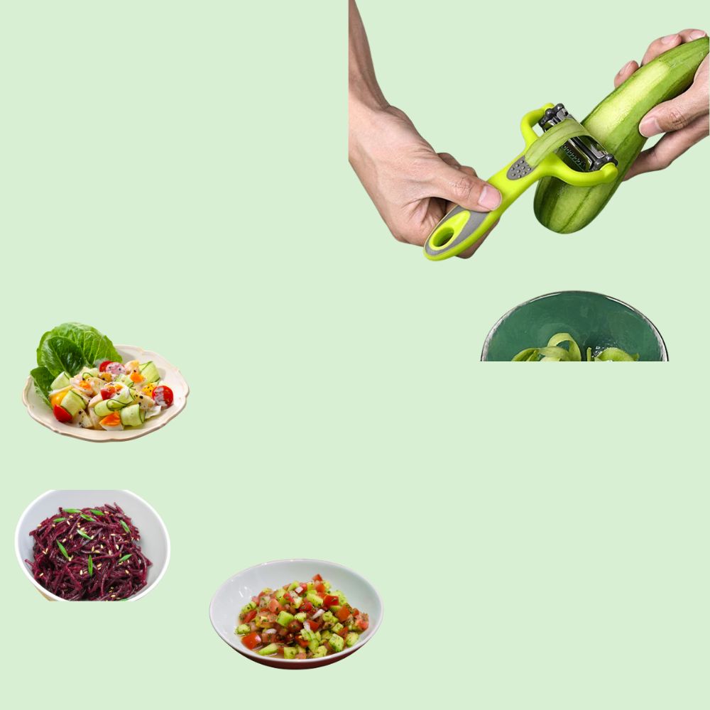 Éplucheur manuel en train d’éplucher un légume, avec salade, betteraves en julienne et concombres tranchés préparés à côté