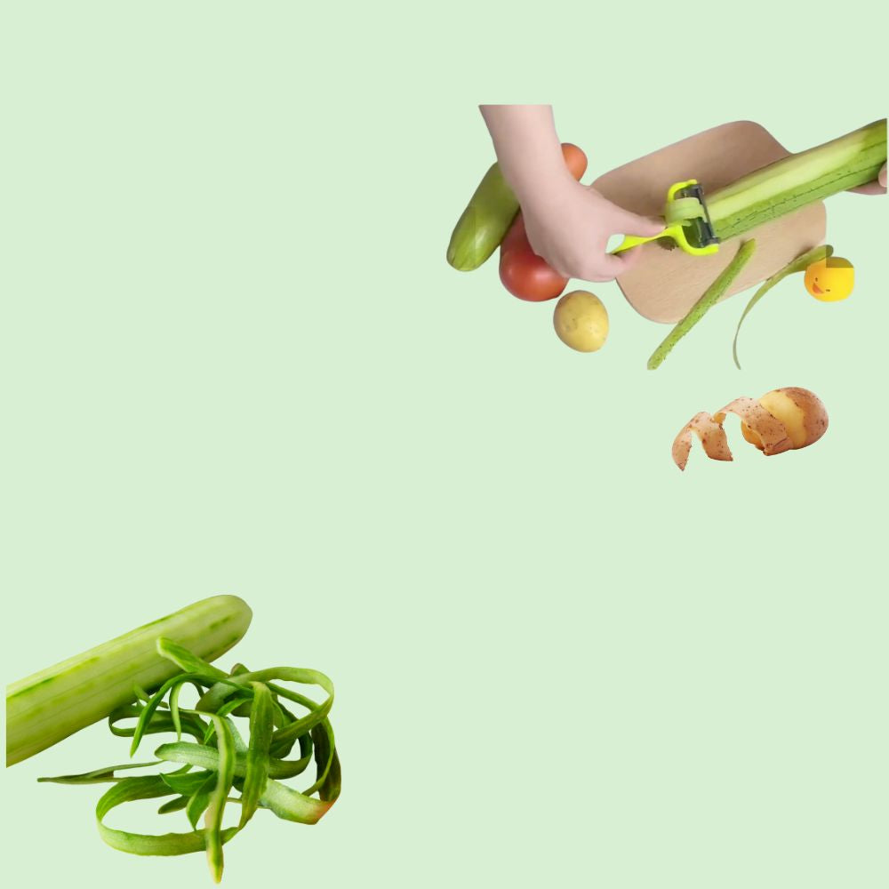 Éplucheur rotatif 3 en 1 épluchant un concombre avec précision, avec le concombre épluché et les épluchures à côté