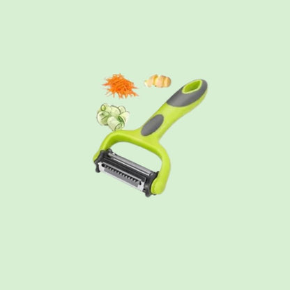 Éplucheur rotatif 3 en 1 avec légumes préparés en julienne, tranchés et épluchés, démontrant toutes ses fonctions