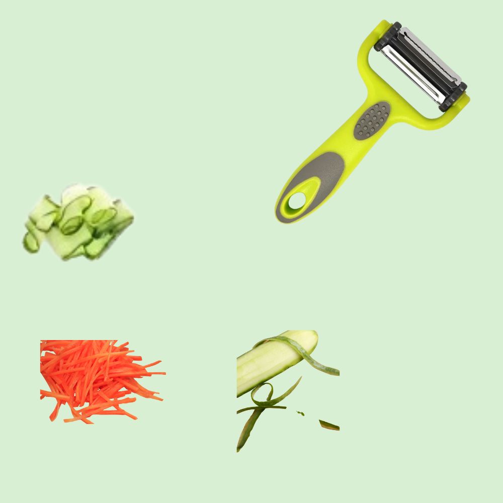 Éplucheur rotatif 3 en 1 à côté de légumes préparés : râpés, tranchés et épluchés, montrant toutes ses fonctions