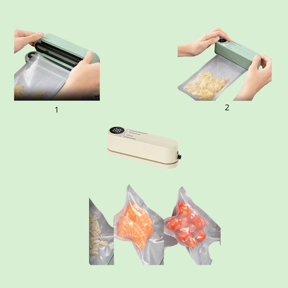 Étapes d’utilisation de la mini machine sous vide sans fil avec des aliments déjà scellés à côté