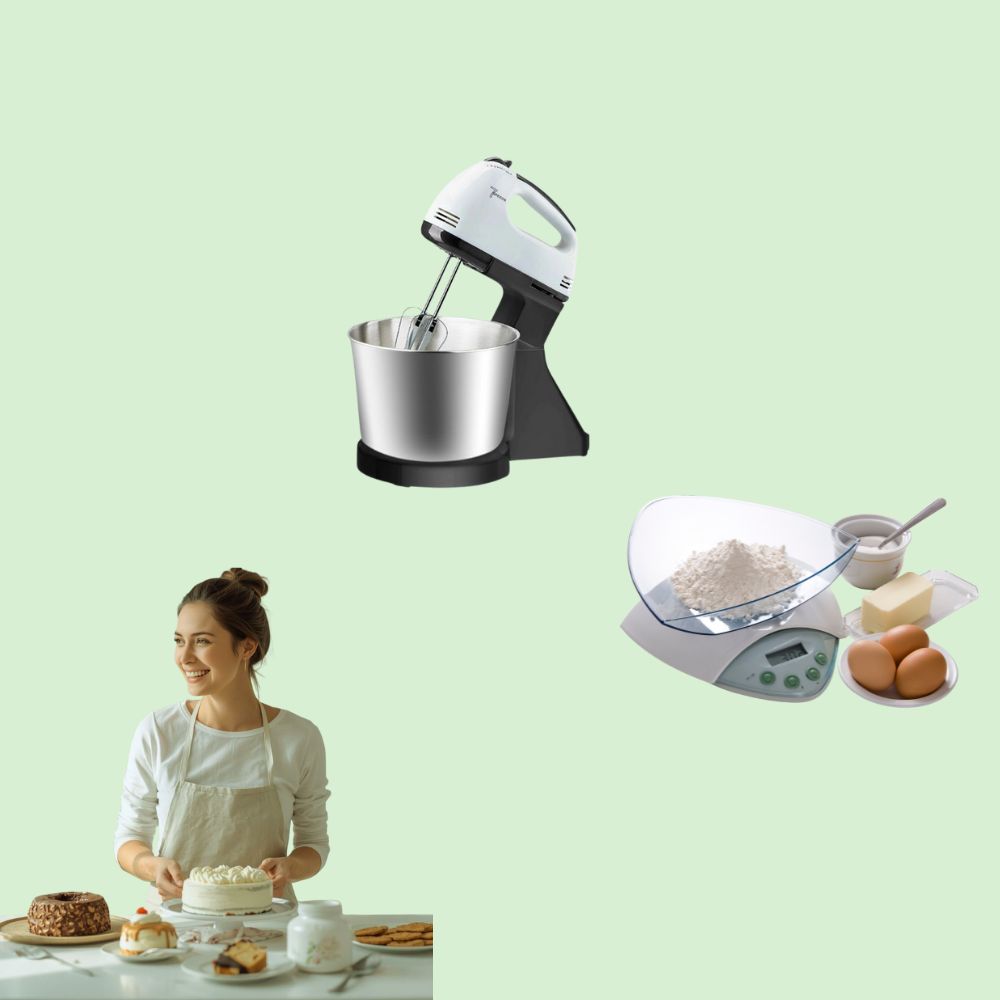 Femme heureuse en cuisine ayant préparé plusieurs gâteaux avec un mixeur multifonction à côté