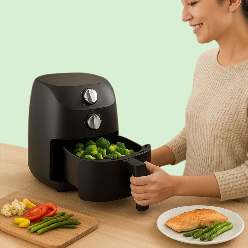 Friteuse airfryer compacte à design ergonomique préparant des légumes de manière saine dans une cuisine organisée.

