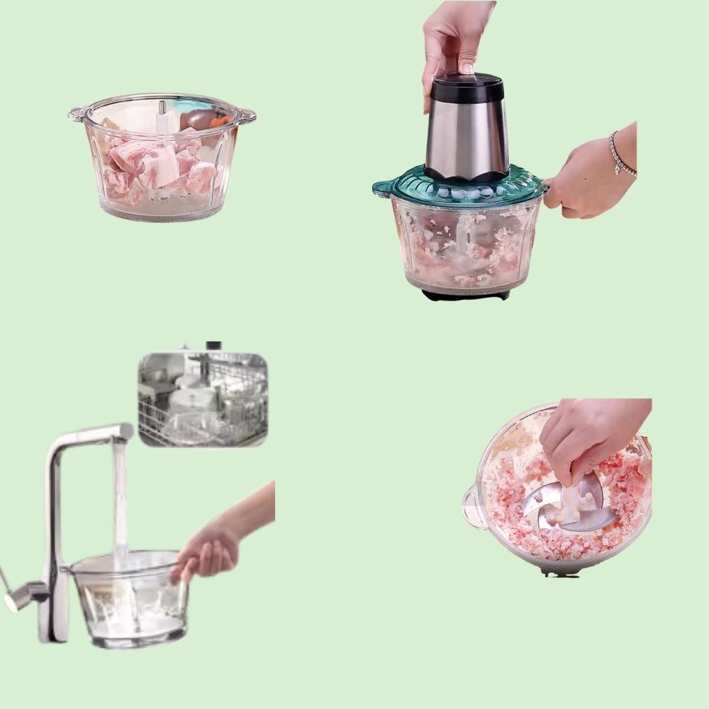 Hachoir électrique montré en étapes avec bol rempli d’ingrédients, appareil en action, viande hachée prête et nettoyage du bol.