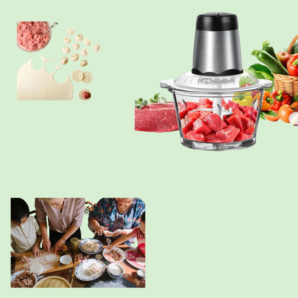 Hachoir électrique a droite avec une famille en train de cuisiner à côté et un plat avec viande hachée.