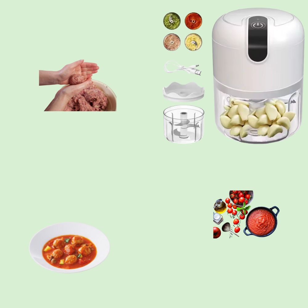 Hachoir électrique multifonction entouré d’ail, de légumes mixés, de farce pour boulettes et d’une sauce tomate