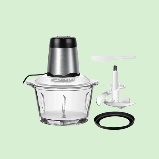 Hachoir à viande électrique multifonction en acier inox, produit seul sur fond uni