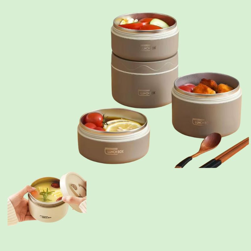 Lunch box isotherme en inox montrant les aliments à l’intérieur