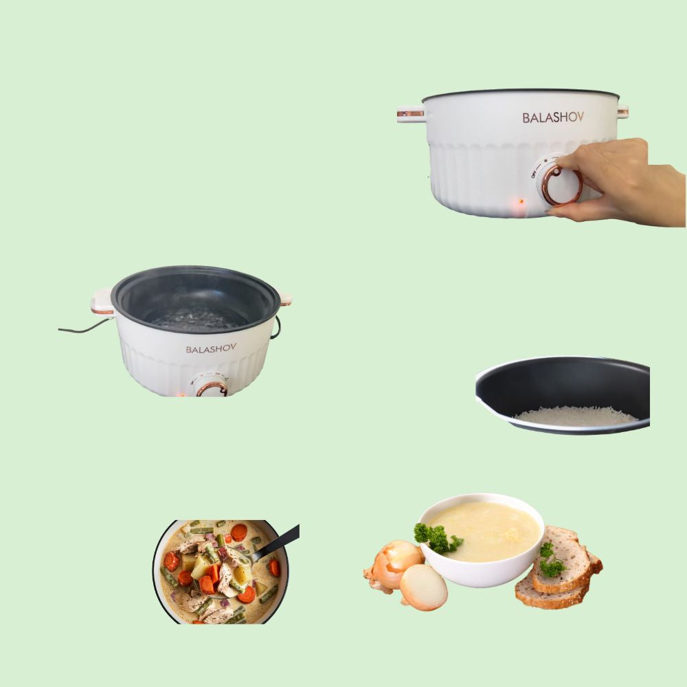 Marmite électrique multifonction branchée, cuisson en cours et plats variés : riz, soupe, ragoût