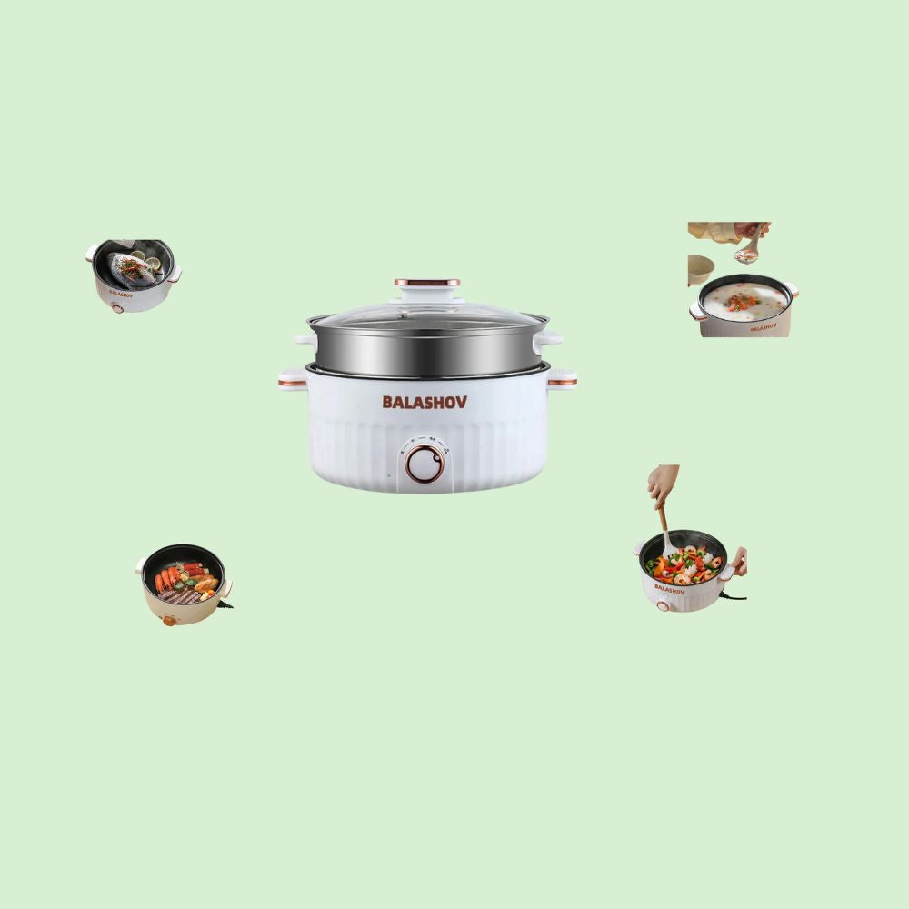 Marmite électrique multifonction avec exemples de cuisson : vapeur, soupe, sautée et poisson