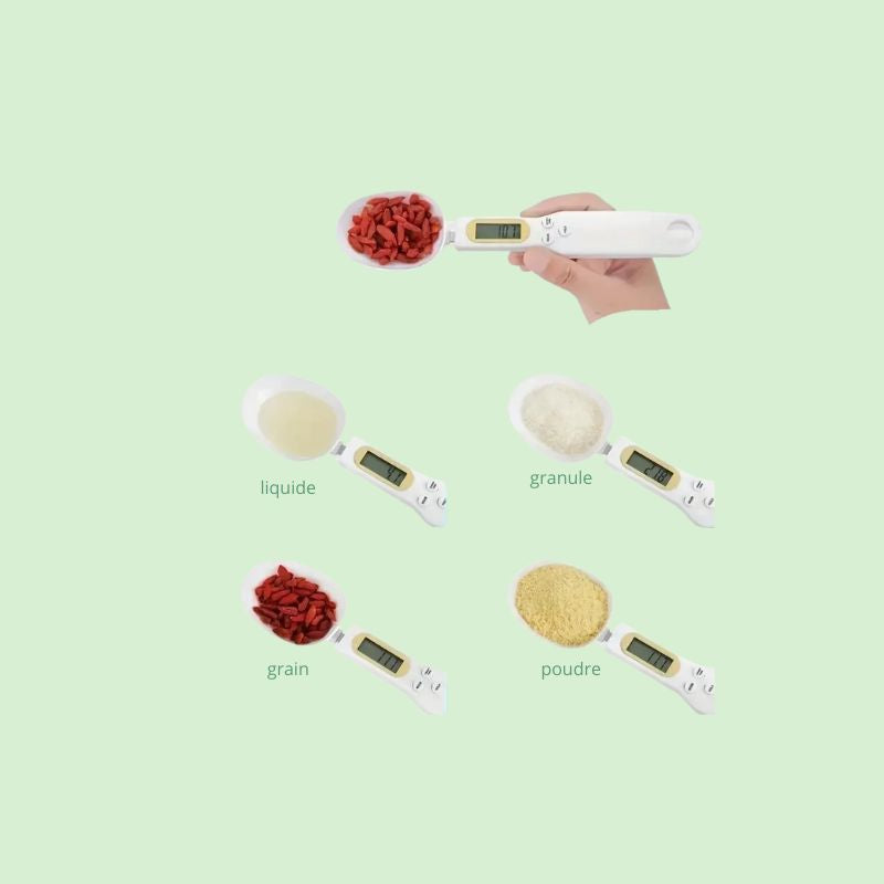 Mini balance de cuisine électronique pesant différents produits : liquide, granules, grains et poudre.