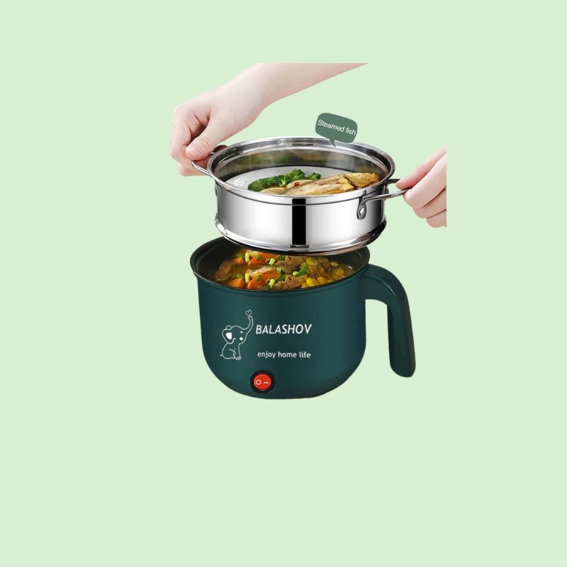 Mini cuiseur électrique montrant ses deux modes de cuisson : bouillir et cuisson à la vapeur pour 1 à 2 personnes.