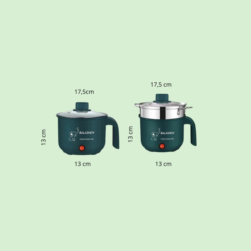 Mini cuiseur électrique avec dimensions détaillées, montrant la taille et le design compact du produit pour 1 à 2 personnes.