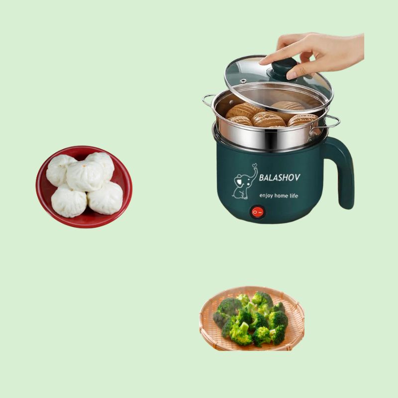 Mini cuiseur électrique montrant la fonction de cuisson à la vapeur.