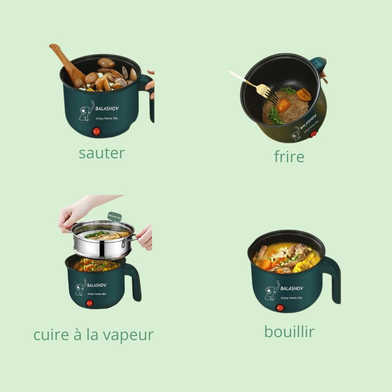 Mini cuiseur électrique multifonction pour 1 à 2 personnes, montrant ses modes de cuisson : vapeur, bouillir, sauter et frire.