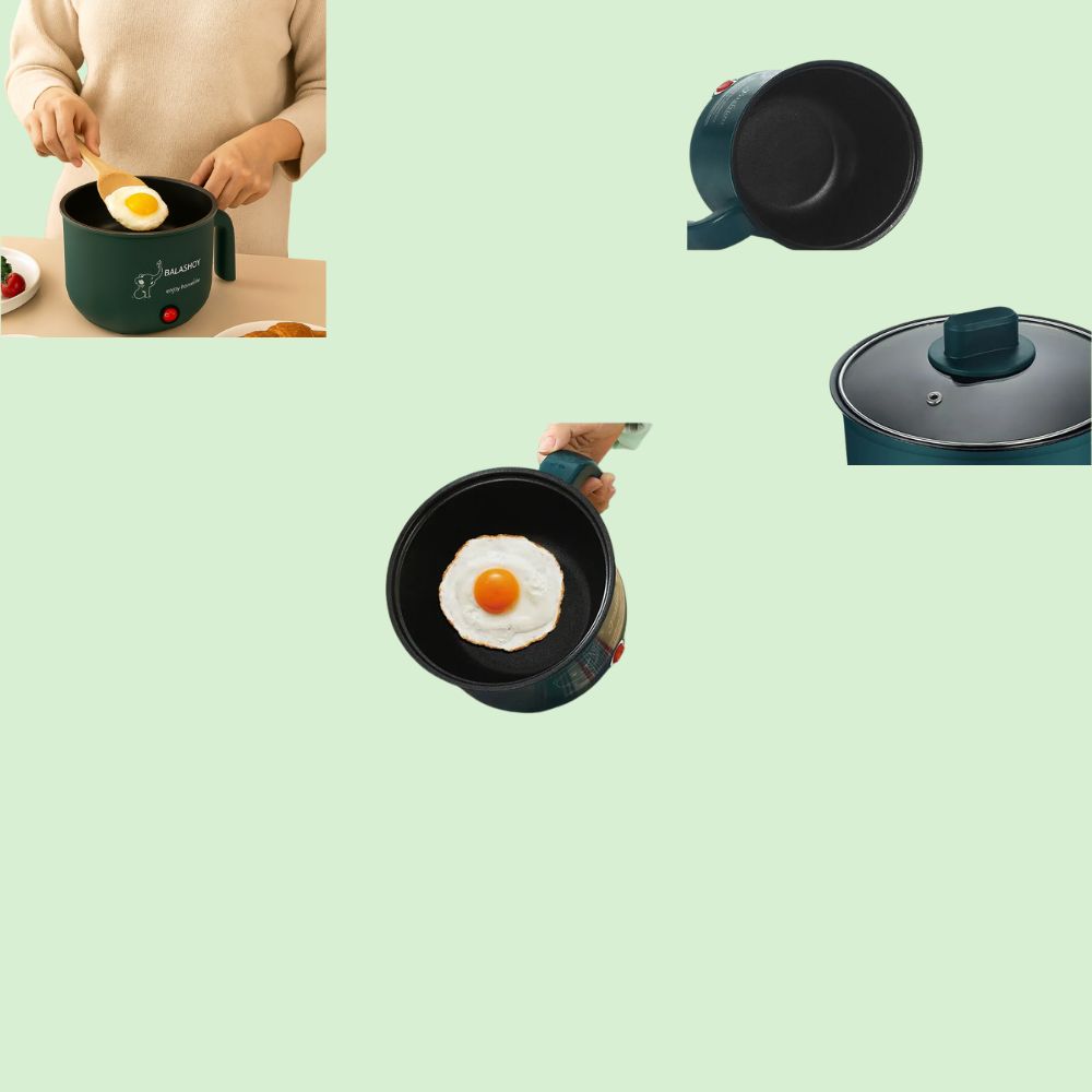 Fille préparant une omelette avec mini cuiseur électrique compact dans un petit espace