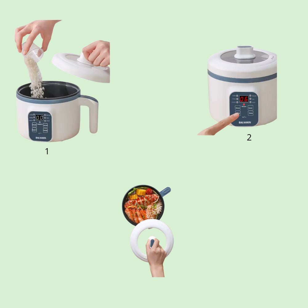 Mini cuiseur à riz montrant les étapes de cuisson