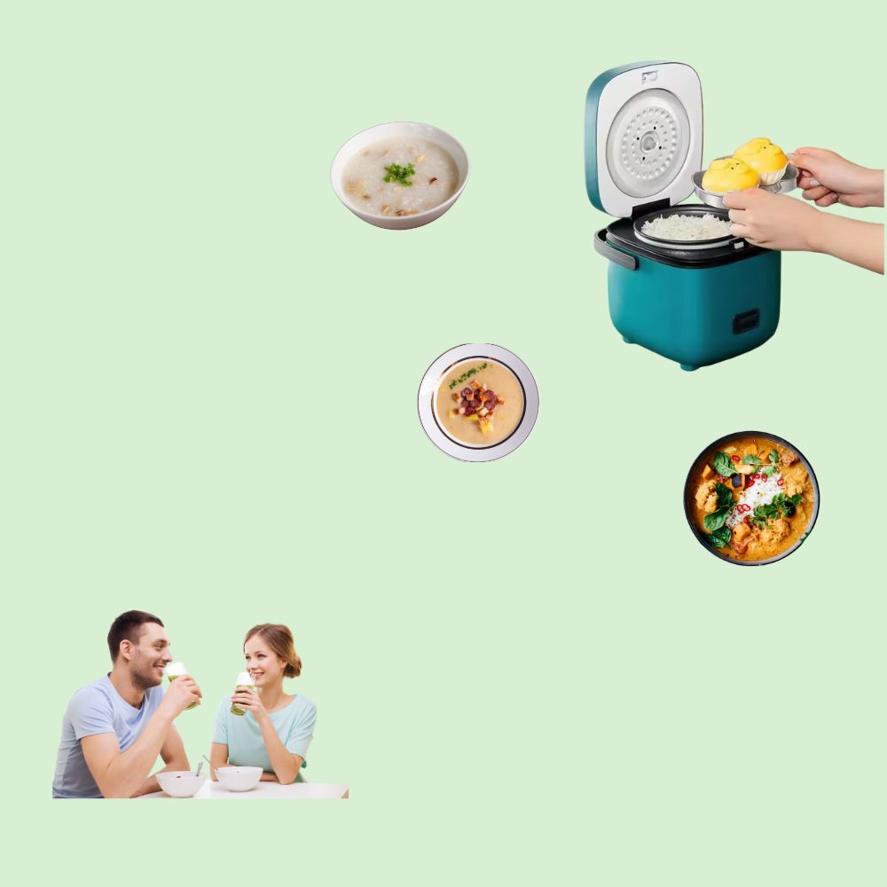 Mini cuiseur vapeur pour préparer riz, soupe et porridge, présenté avec deux personnes en train de manger.