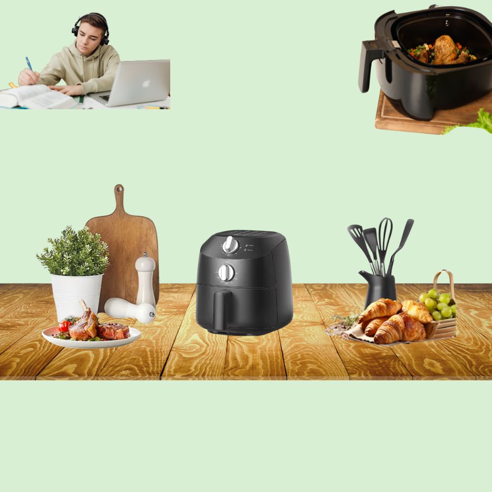 Mini friteuse compacte air fryer en cuisine, poulet en cuisson, assiette dressée et étudiant assis dans son studio