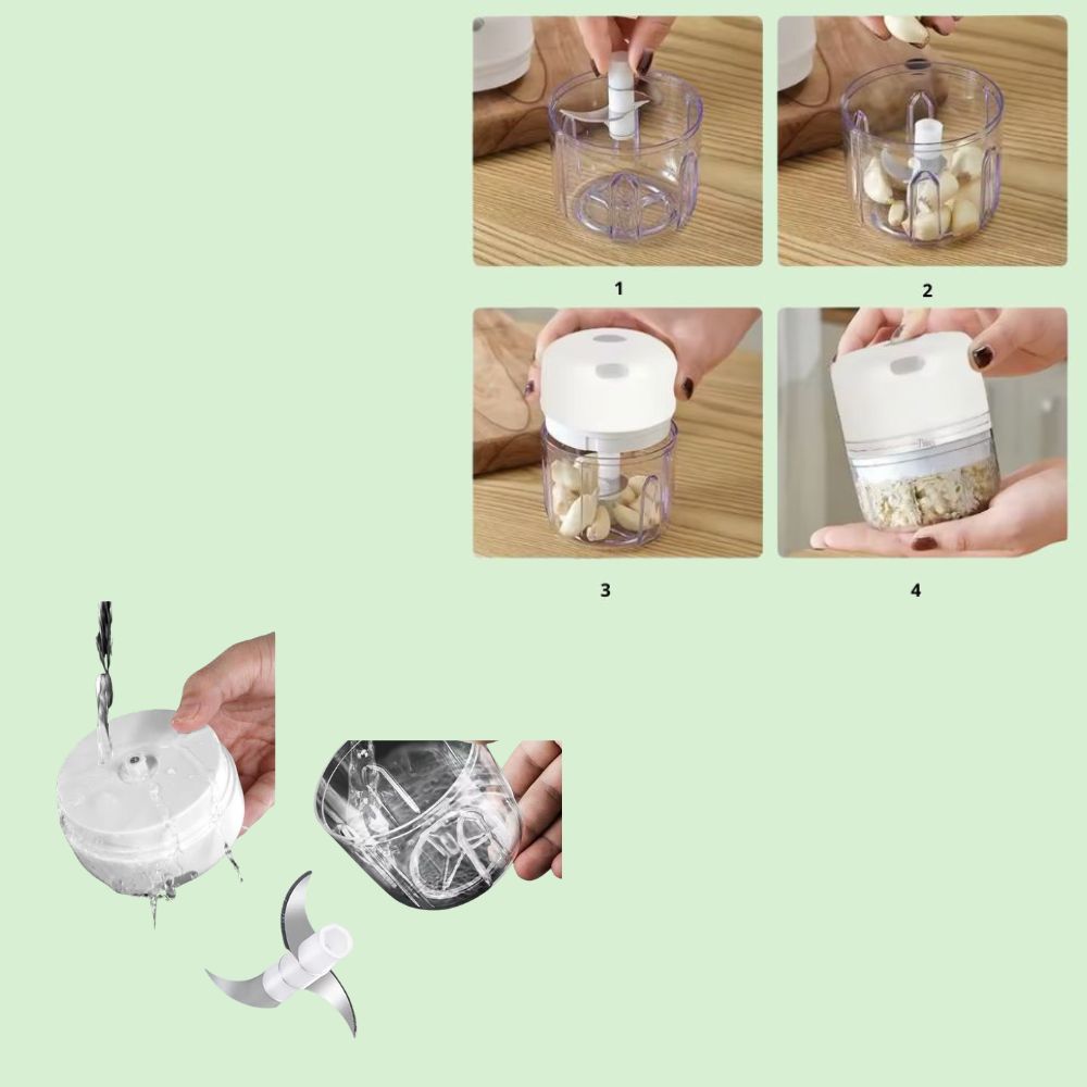 Mini hachoir électrique 300 ml montrant les étapes : préparer les ingrédients, mixer et récupérer le résultat