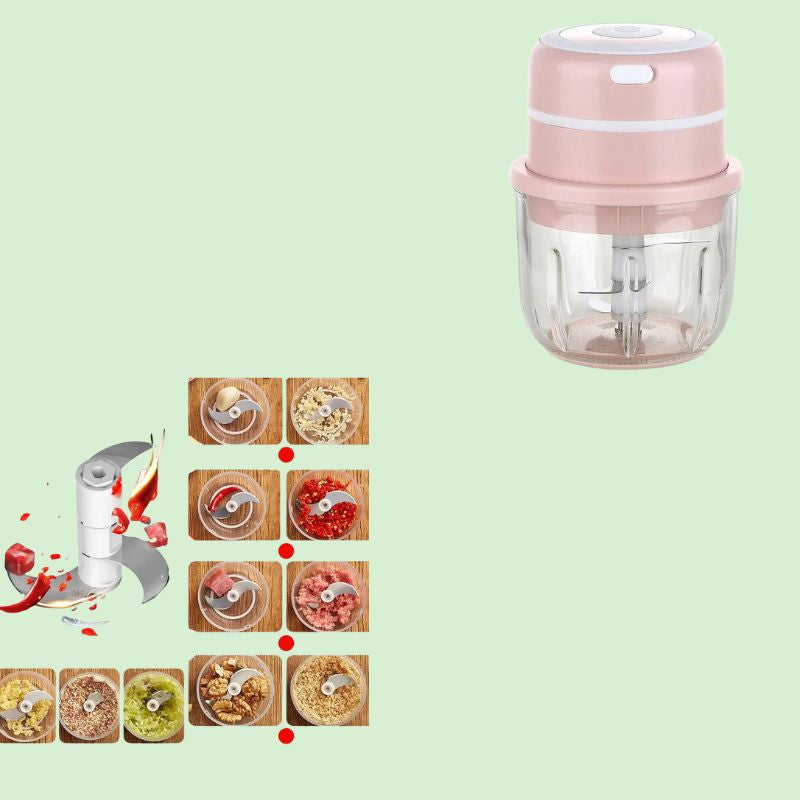 Mini hachoir électrique 300 ml montrant sa capacité à mixer divers aliments comme ail, oignon, carottes, piment et citrouille