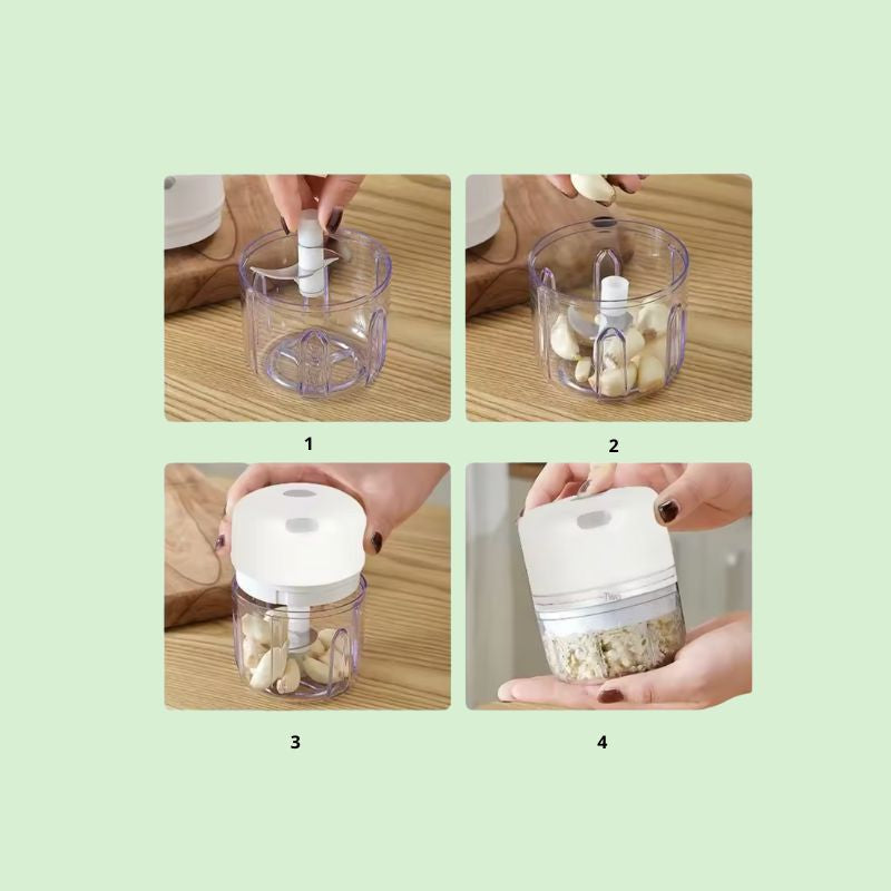 Mini hachoir électrique 300 ml montrant les étapes : placer l’ail, appuyer sur le bouton, mixer et présenter le produit mixé