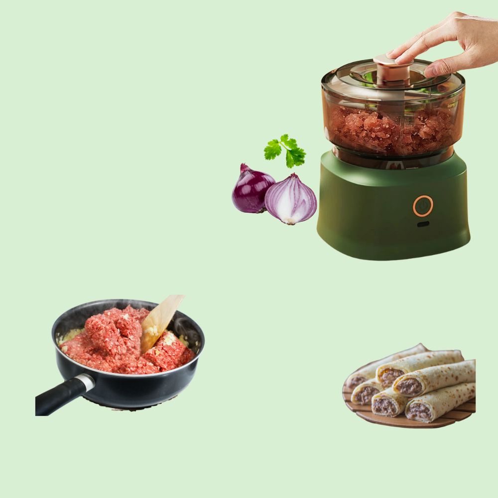 Mini hachoir électrique 350 ml avec viande hachée et ingrédients pour préparation rapide.