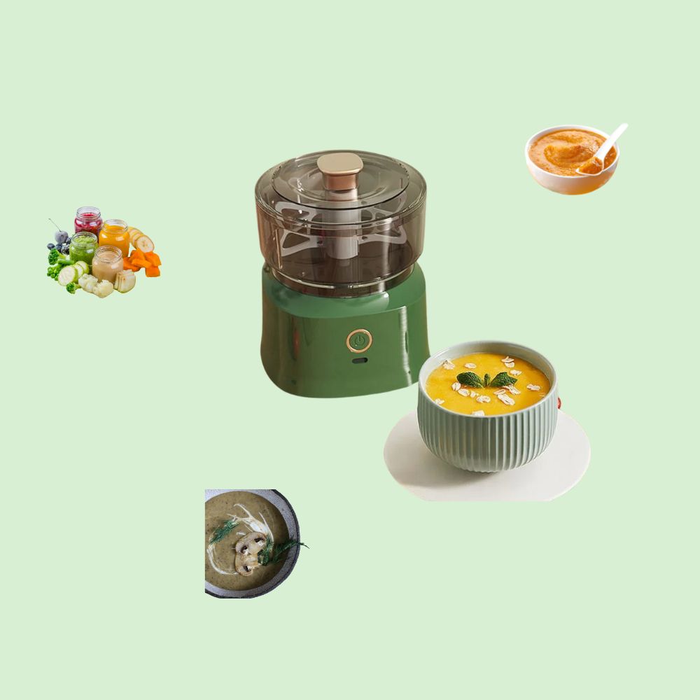 Mini hachoir électrique 350 ml entouré de purée de carottes, sauces variées et veloutés pour préparations créatives.