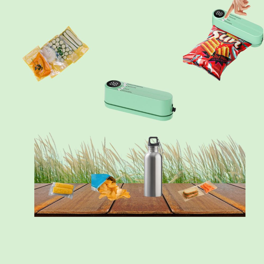 Mini machine sous vide sans fil scellant un sachet de chips, avec plusieurs aliments emballés sous vide dans un décor de pique-nique