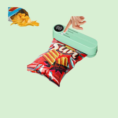 Mini machine sous vide sans fil rechargeable USB en train de refermer hermétiquement un paquet de chips