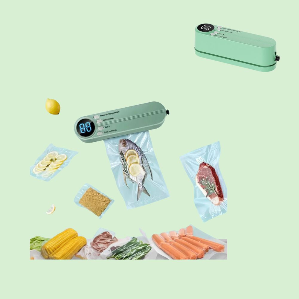 Mini machine sous vide portable USB en train de sceller un aliment, entourée de plusieurs produits déjà scellés