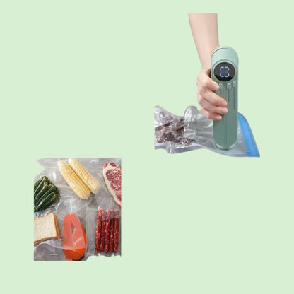 Mini machine sous vide sans fil rechargeable USB en train de sceller un aliment, entourée de produits déjà scellés