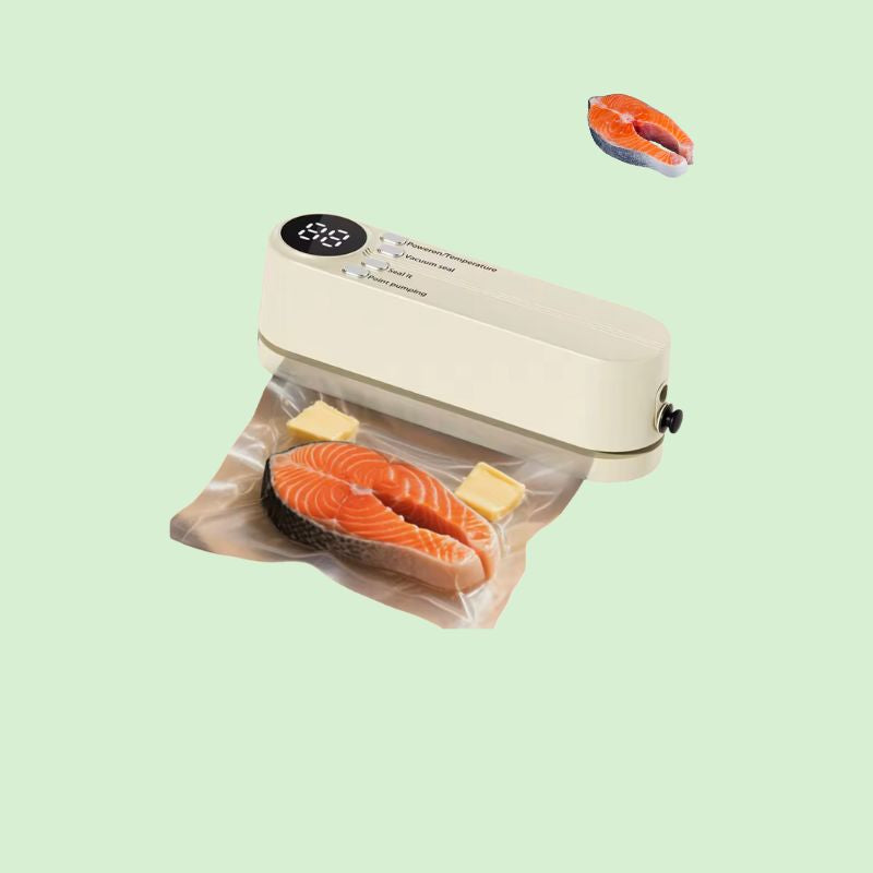 Mini machine sous vide sans fil rechargeable USB en train de sceller du saumon
