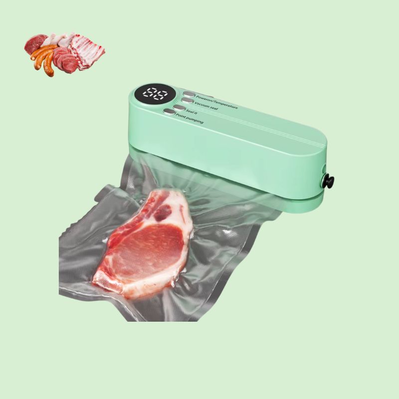 Mini machine sous vide sans fil rechargeable USB en train de sceller de la viande