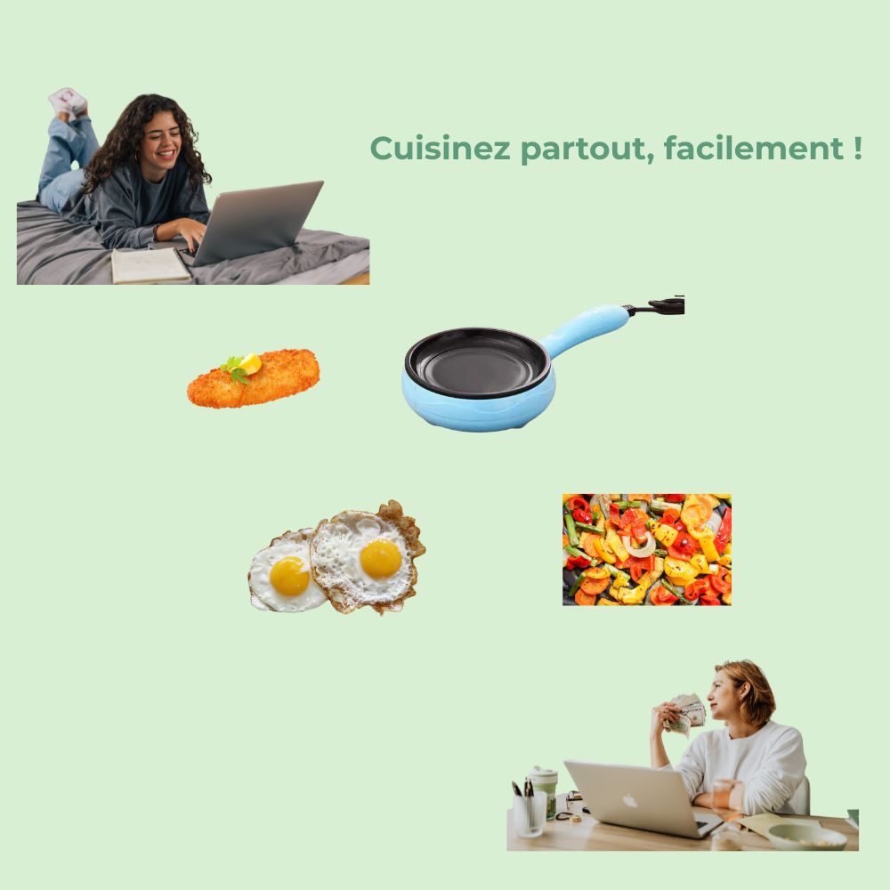 Mini poêle électrique portable utilisée pour cuisiner facilement des repas sur un bureau, en déplacement ou en télétravail
