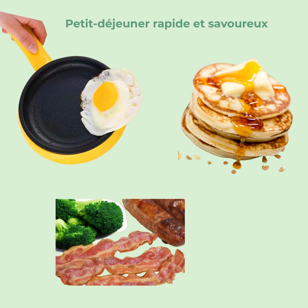 Mini poêle électrique préparant un petit-déjeuner rapide et savoureux avec omelette, pancakes ou snacks
