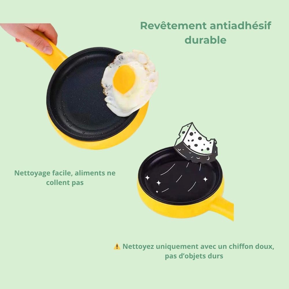 Mini poêle électrique avec rappel de sécurité : nettoyer uniquement avec un chiffon doux, pas d’objets durs
