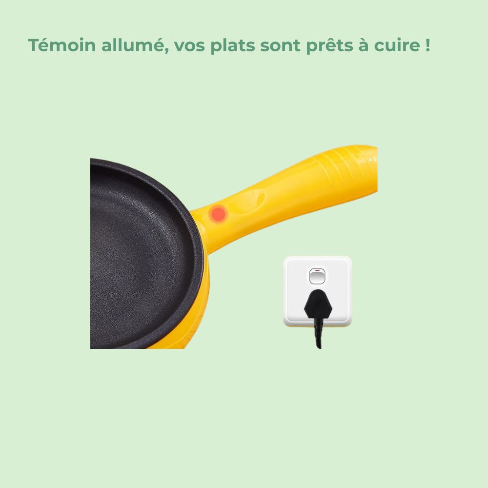 Mini poêle électrique montrant comment brancher, cuire œufs, pancakes ou légumes sur la surface antiadhesif