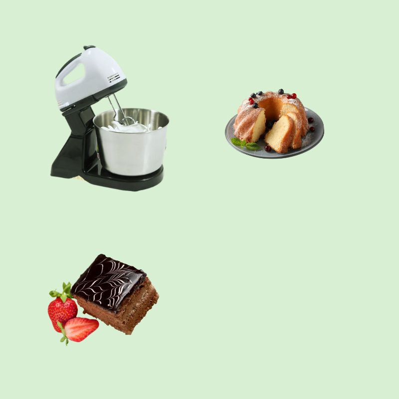 Mixeur multifonction entouré de gâteaux et biscuits, prêt pour pâtisserie maison