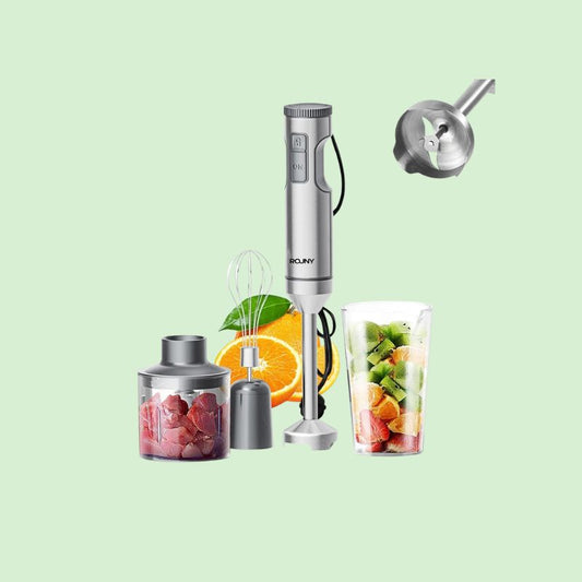 Mixeur plongeant 4 en 1 en inox présenté seul, appareil multifonction pour la cuisine
