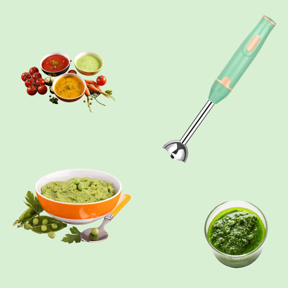 Mixeur plongeant multifonction transformant des légumes frais en soupe et purée
