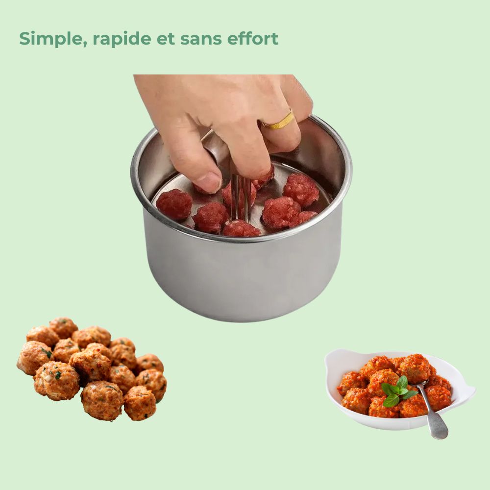 Moule à boulettes en inox avec ingrédients  et mains appuyant sur la poignée pour former rapidement des boulettes parfaites
