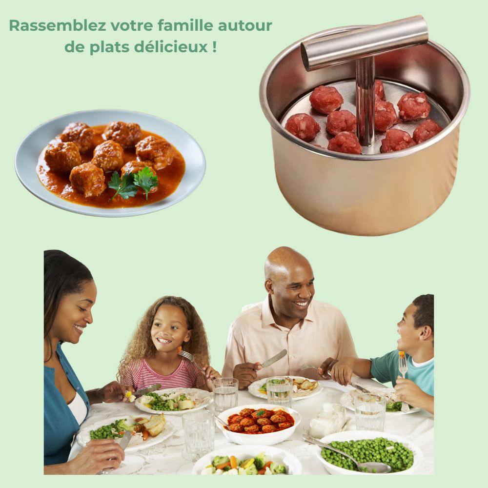 Moule à boulettes en inox avec boulettes maison sur une table familiale, illustrant des repas conviviaux et chaleureux
