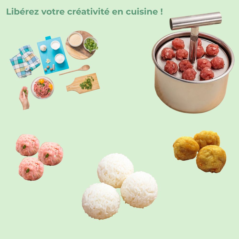 Moule à boulettes en inox avec différents ingrédients autour (viande, riz, crevettes, légumes) pour préparer des boulettes maison 
