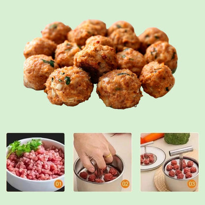 Moule à boulettes en inox à côté de boulettes déjà faites, pratique pour une préparation rapide et uniforme
