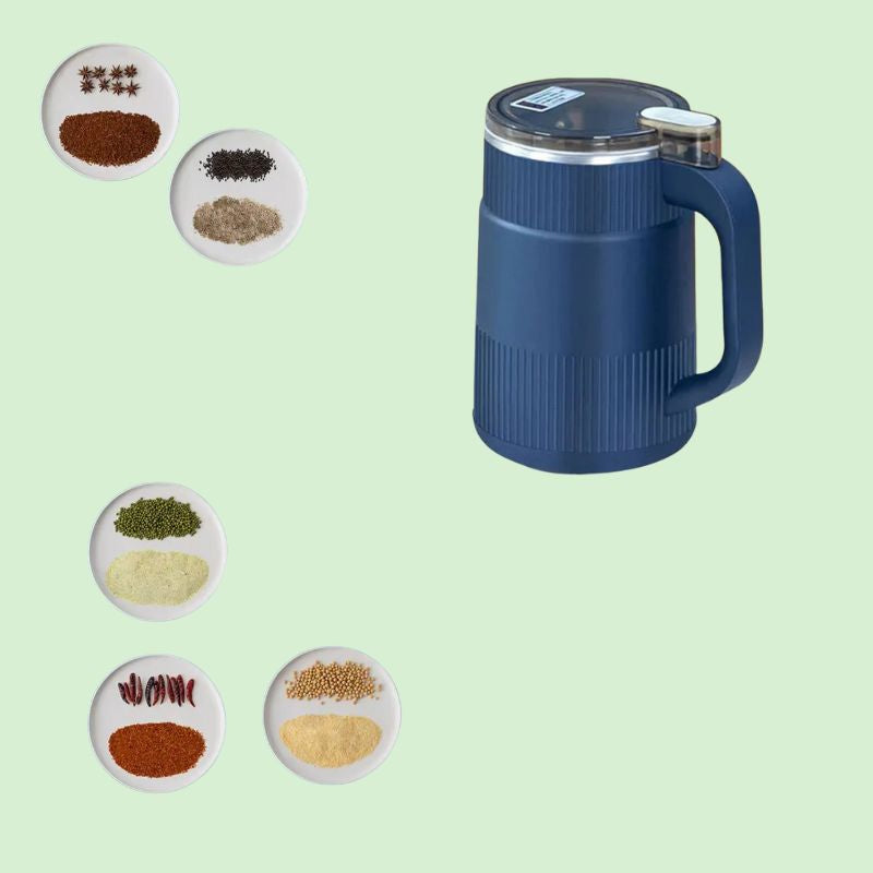 Moulin électrique 220V entouré de différents produits moulus comme épices, céréales et café